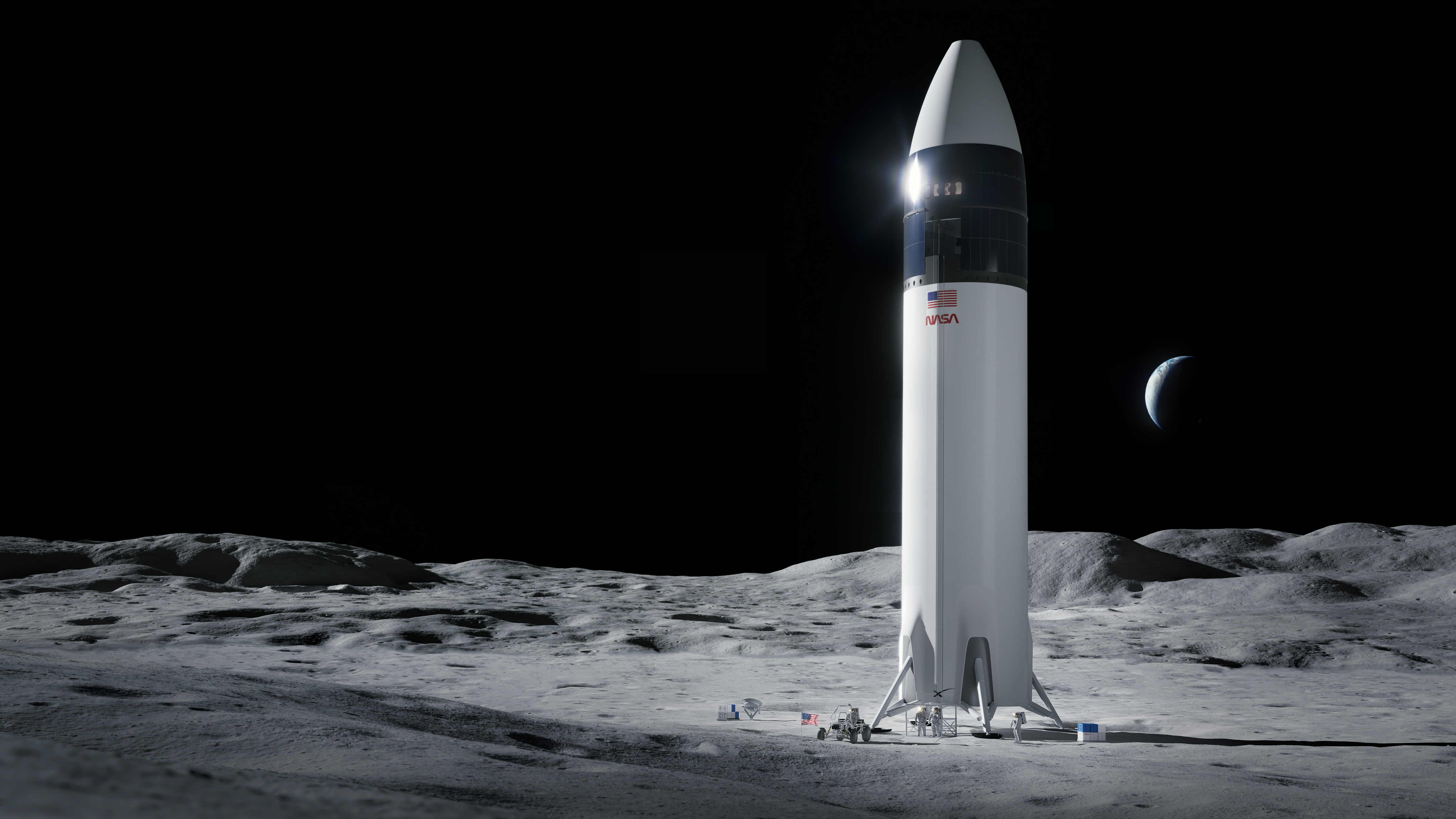 Wizualizacja przedstawiająca księżycową wersję statku Starship na powierzchni Srebrnego Globu (Źródło: SpaceX)
