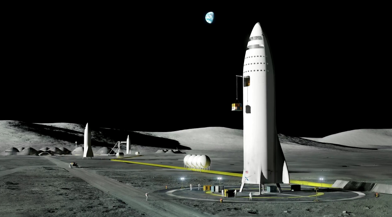 Wizualizacja przedstawiająca BFS, drugi stopień rakiety, na Księżycu (Źródło: SpaceX)