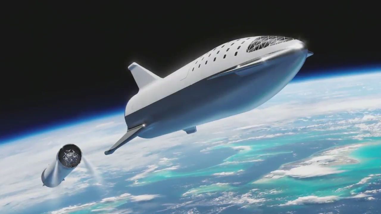 Wizualizacja przedstawiająca najnowszą iterację statku BFS tuż po separacji od pierwszego stopnia (Źródło: SpaceX)