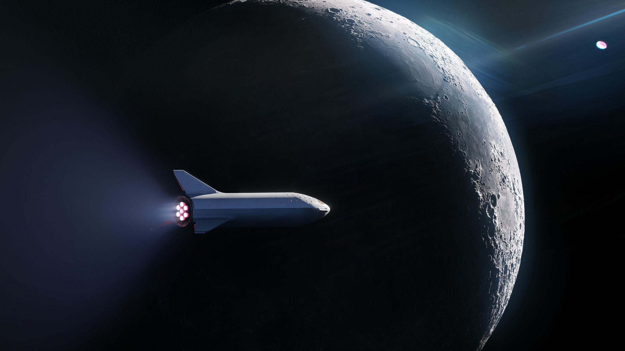 Wizja artystyczna statku Starship przelatującego obok Księżyca (Źródło: SpaceX)