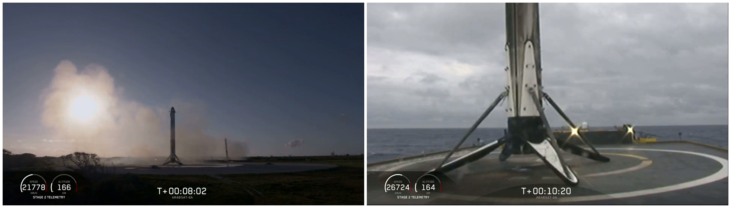 Wszystkie trzy boostery rakiety Falcon Heavy po wylądowaniu w czasie misji Arabsat-6A (Źródło: SpaceX)