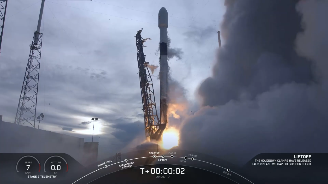 Rakieta Falcon 9 podczas startu z satelitą AMOS-17 (Źródło: SpaceX)