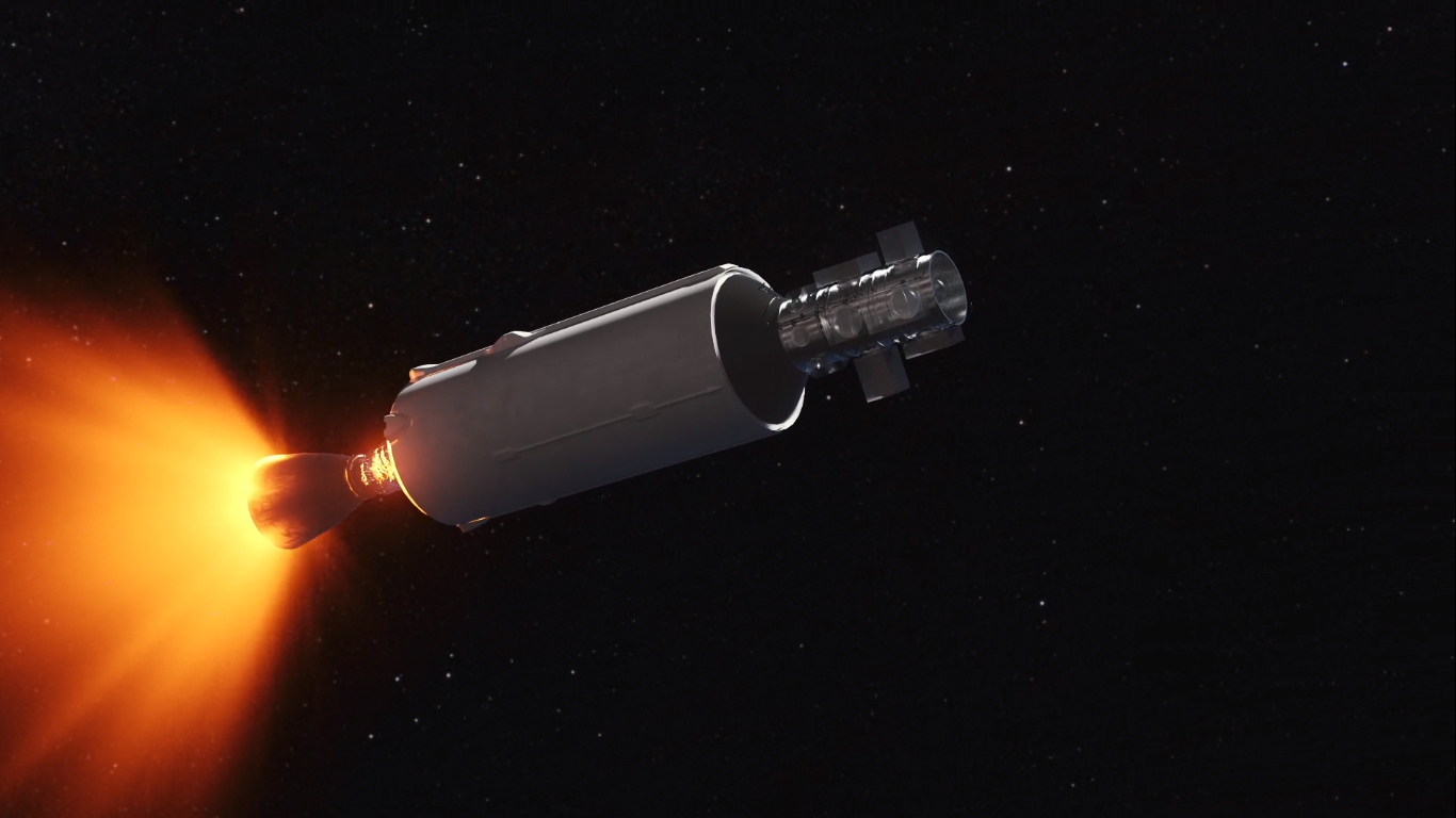 Wizja artysty przedstawiająca drugi stopień rakiety Falcon 9 podczas misji z małymi satelitami (Źródło: SpaceX)
