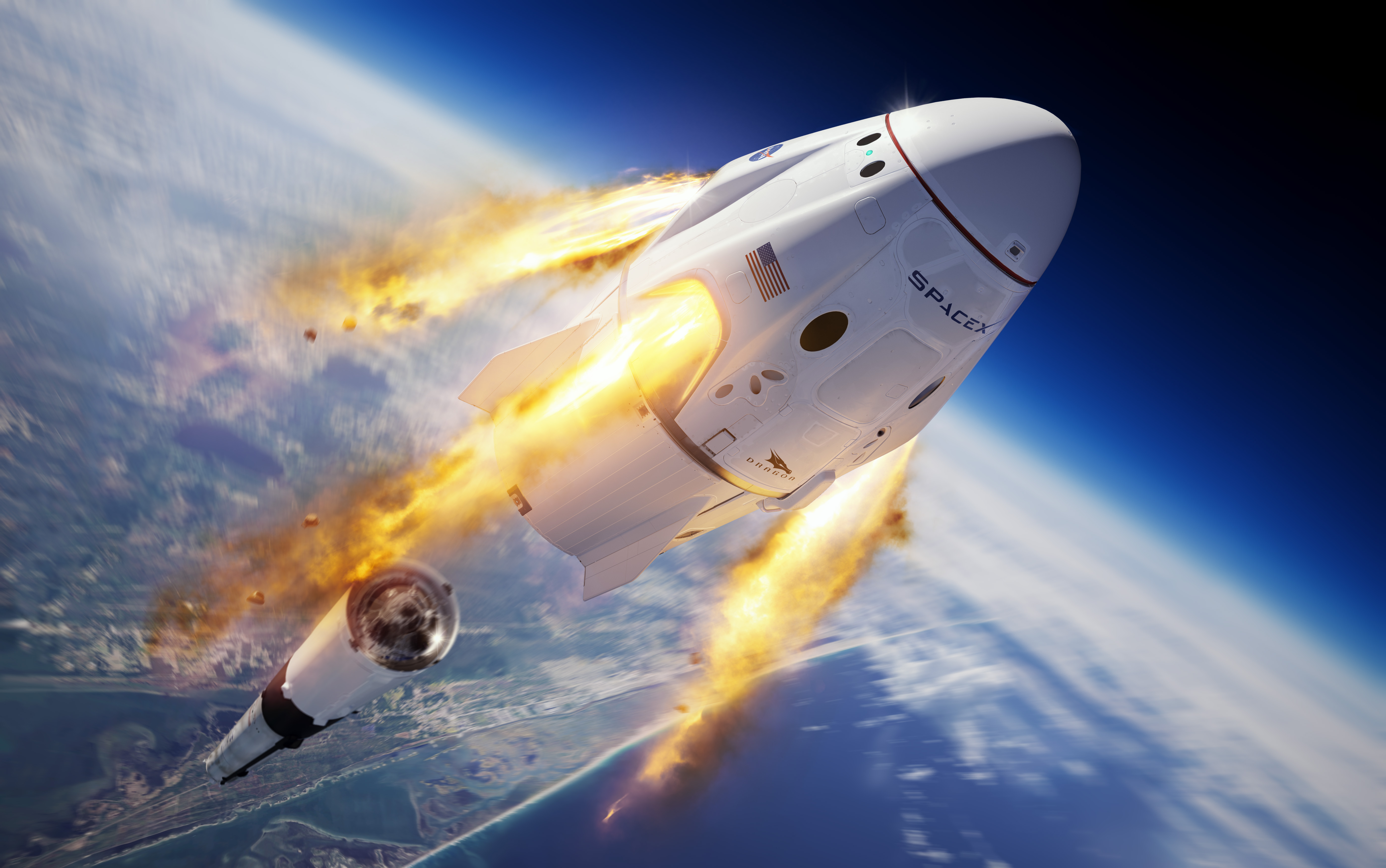 Wizja artystyczna przedstawiająca test systemu ewakuacji załogowego Dragona w czasie lotu (Źródło: SpaceX)