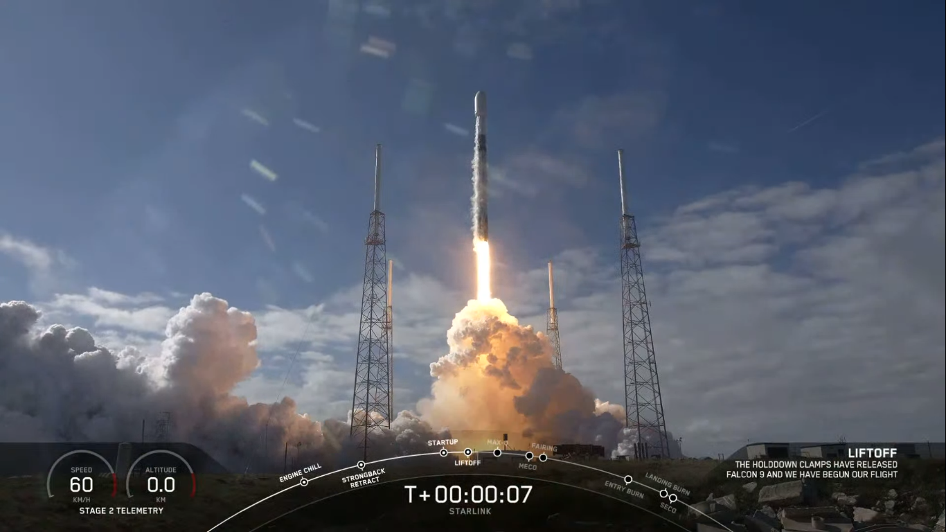 Rakieta Falcon 9 podczas startu z misją Starlink-5 (Źródło: SpaceX)