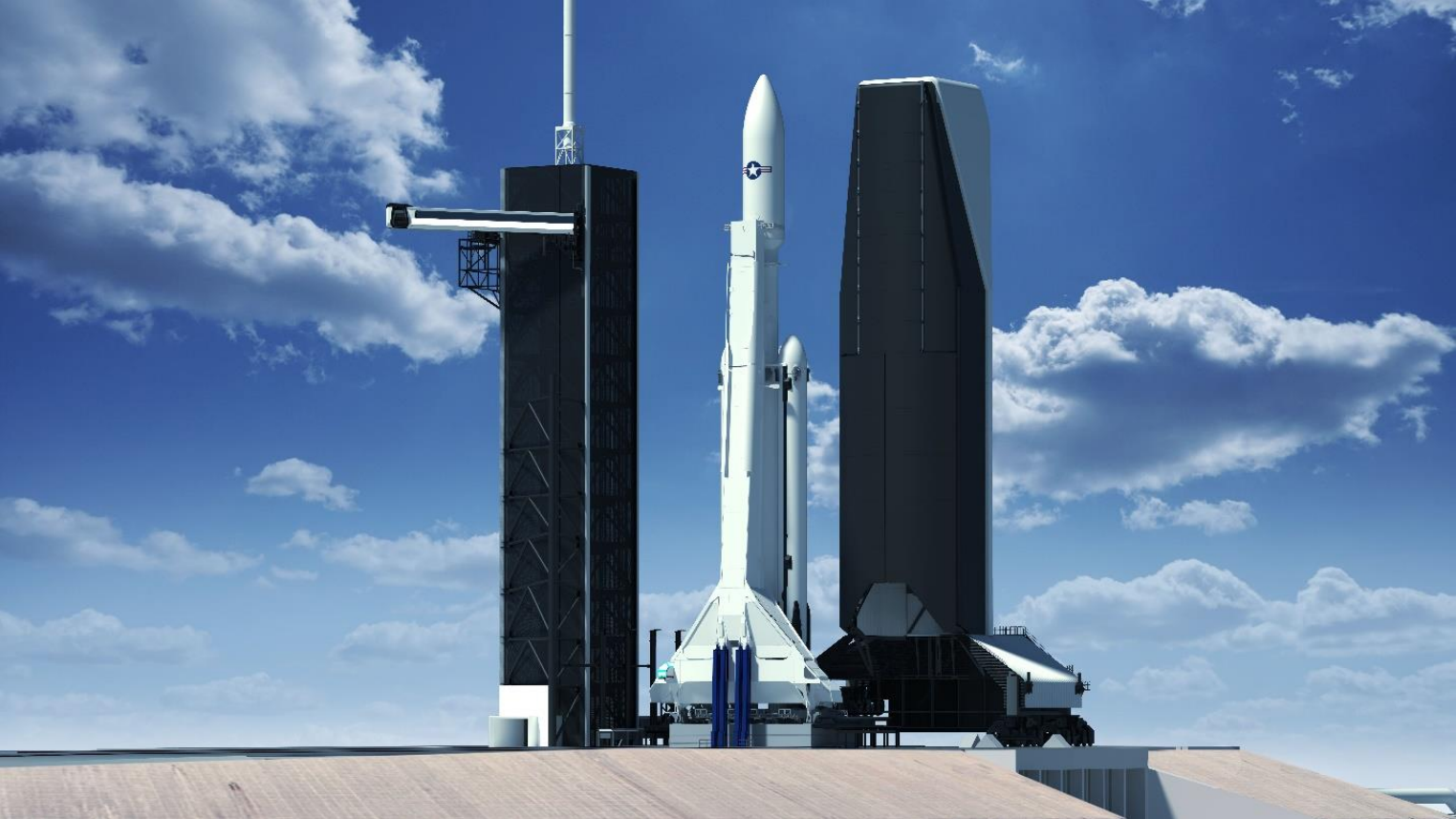 Grafika przedstawiająca rakietę Falcon Heavy oraz wieżę serwisową na platformie LC-39A (Źródło: FAA/SpaceX)