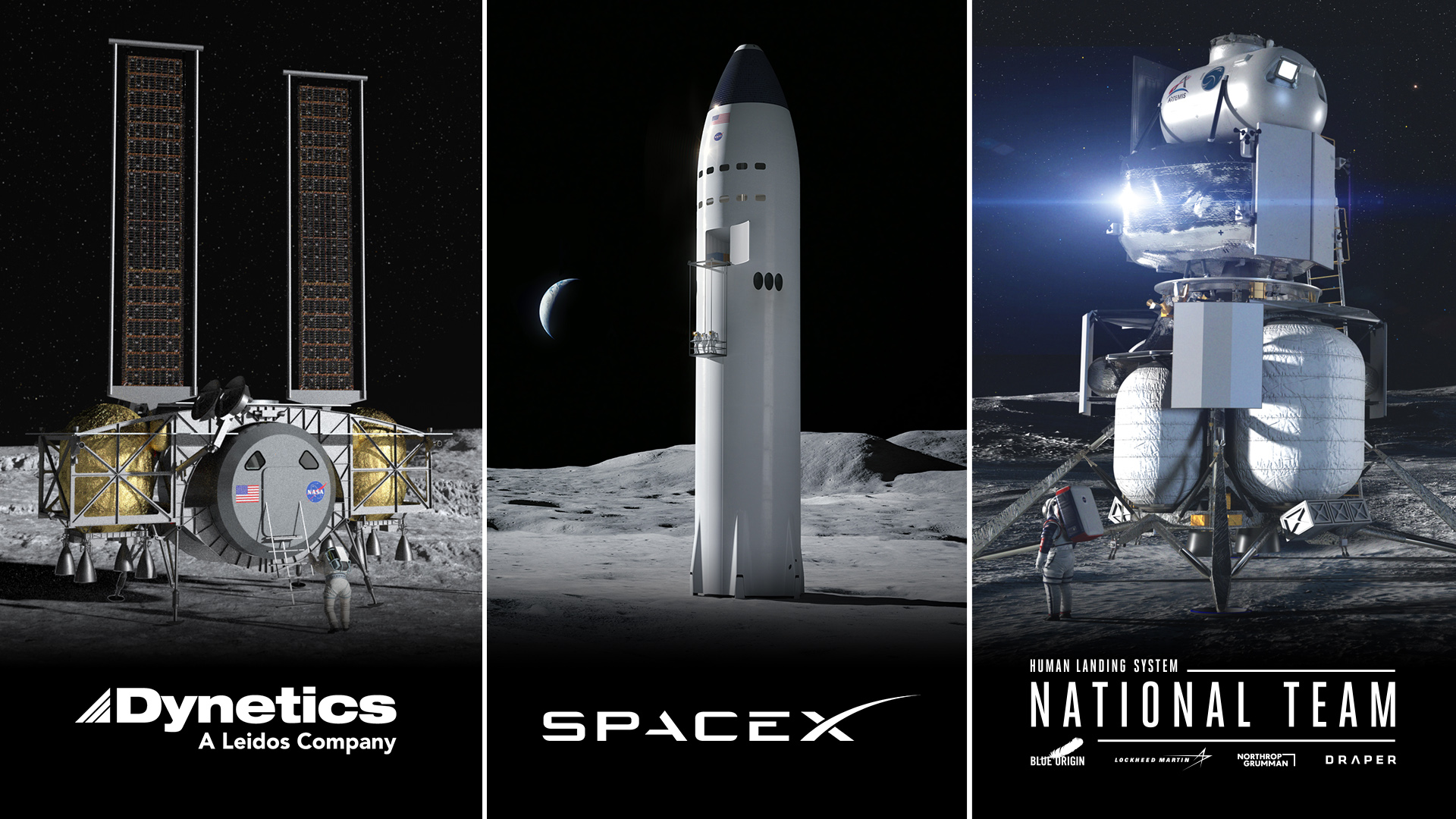 Wizualizacje propozycji lądowników księżycowych zaprezentowane w 2020 roku (Źródło: NASA/Dynetics/SpaceX/Blue Origin)