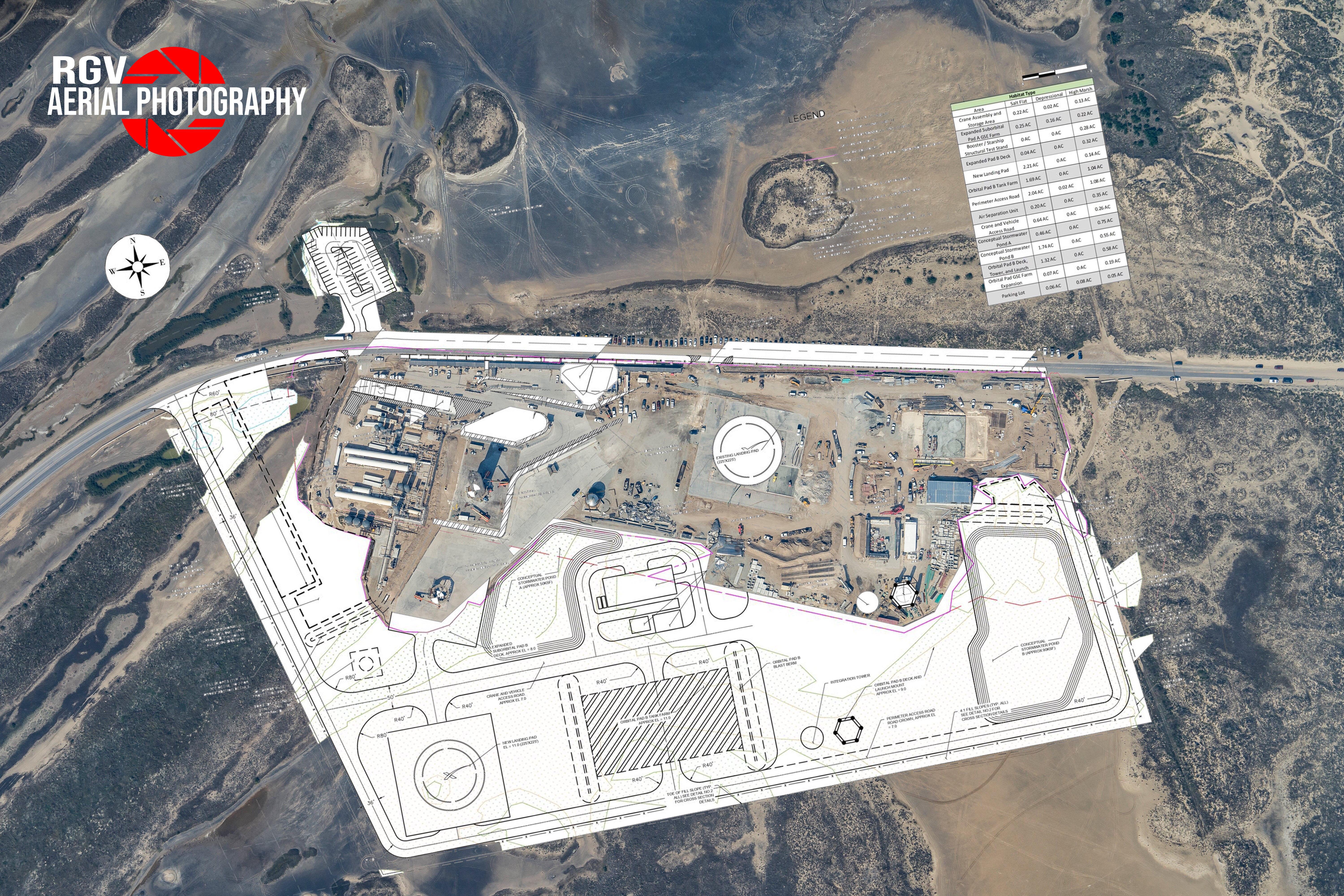 Plany dotyczące rozbudowy ośrodka w Boca Chica nałożone na zdjęcie lotnicze (Źródło: RGV Aerial Photography/Reddit)