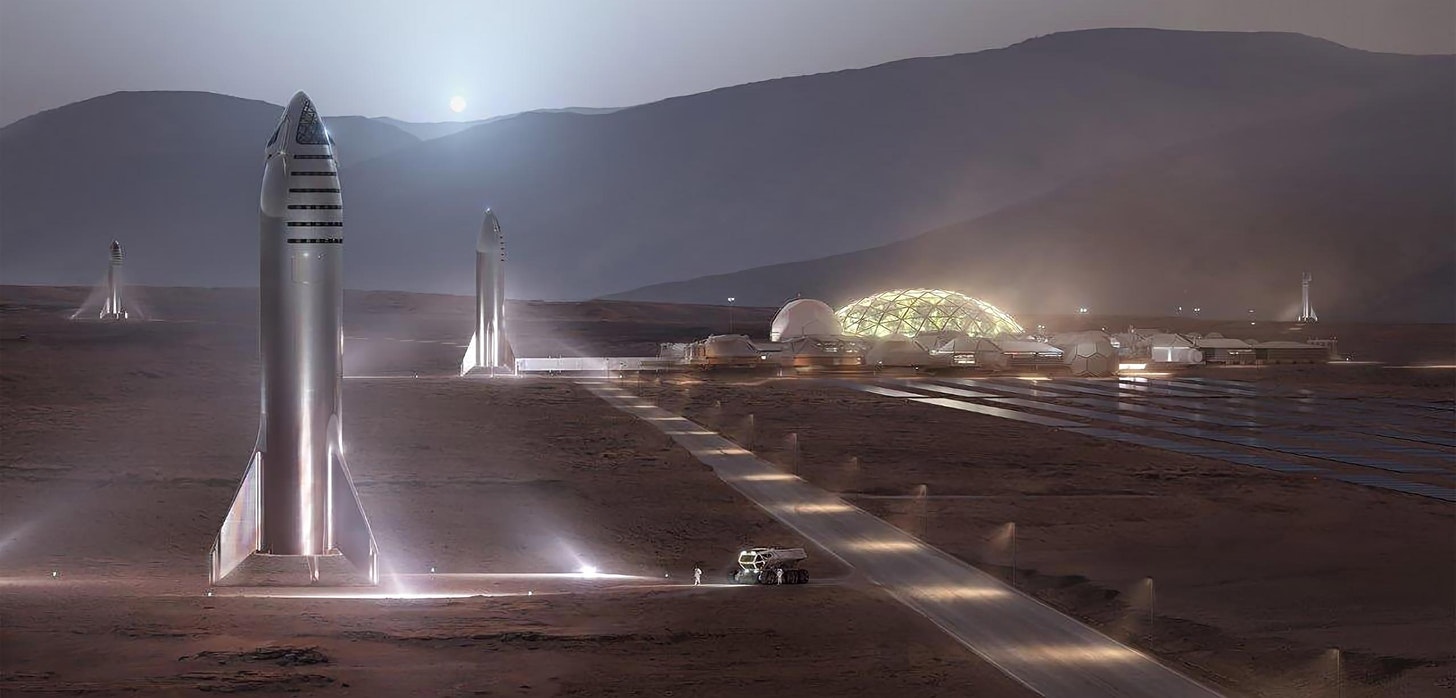 Pierwsza stała baza na Marsie – wizja artystyczna, przedstawiająca załogowy wariant statku Starship (SpaceX)