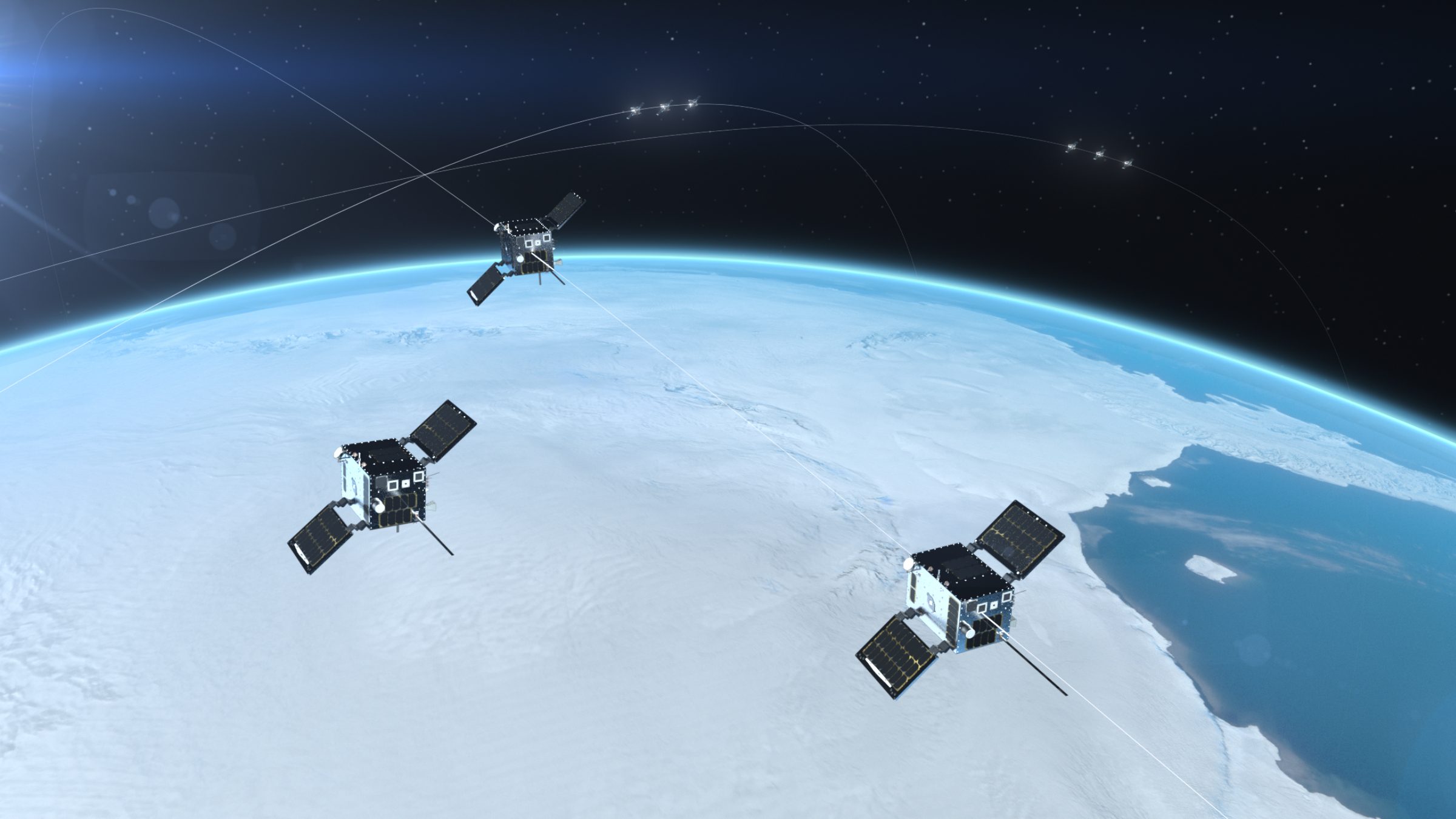Wizualizacja przedstawiająca satelity firmy HawkEye 360 na orbicie (Źródło: Spaceflight)