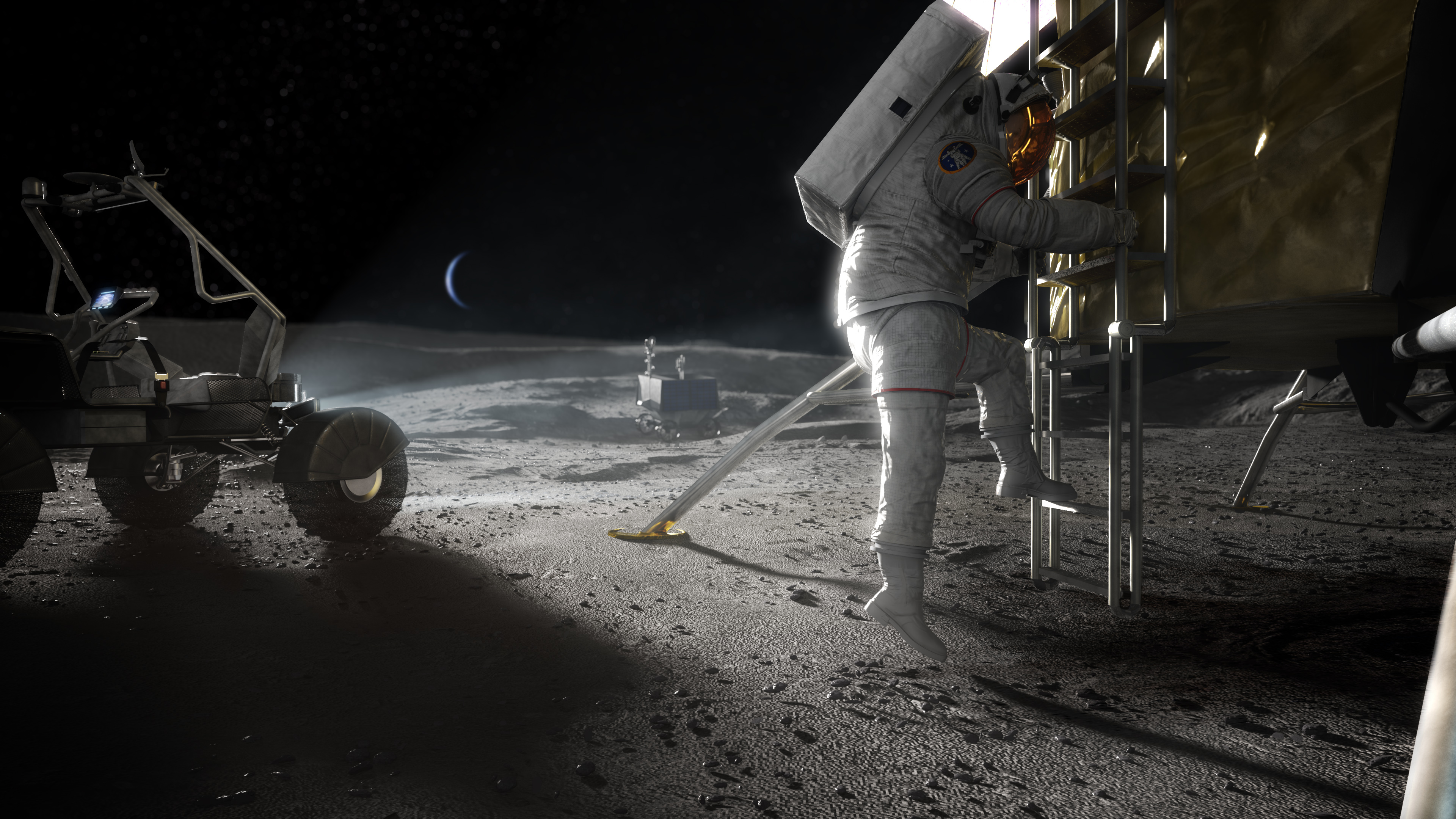 Astronauta programu Artemis schodzący na powierzchnię Księżyca, wizja artysty (Źródło: NASA)
