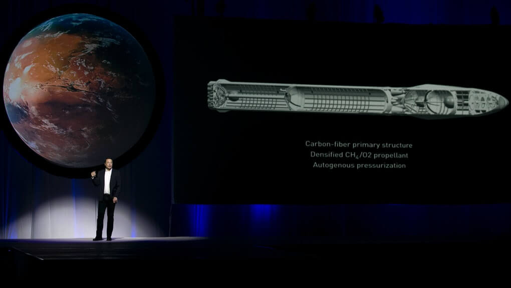 Elon Musk prezentuje system Starship na forum Międzynarodowej Federacji Astronautycznej. Na slajdzie można zauważyć, że pierwotny projekt zakładał włókno węglowe jako podstawowy materiał konstrukcyjny – SpaceX wykonał w tej technologii testowy zbiornik paliwa (będący największą, monolityczną konstrukcją tego typu), lecz z końcem 2018 roku Musk doszedł do zaskakującego wniosku o przewadze stali nierdzewnej. W wywiadzie udzielonym Popular Mechanics zdradził, że wiele energii kosztowało go przekonanie reszty zespołu do porzucenia włókna węglowego (stal nigdy nie była stosowana do wykonania zbiorników i poszycia rakiet). Decyzja ta szybko okazała się kluczowa dla tempa modyfikacji kolejnych prototypów. [Refugio Ruiz via AP Photo]