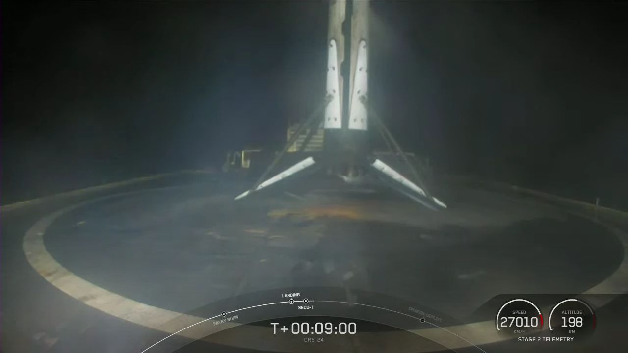 Pierwszy stopień rakiety Falcon 9 po lądowaniu na JRTI (Źródło: SpaceX)