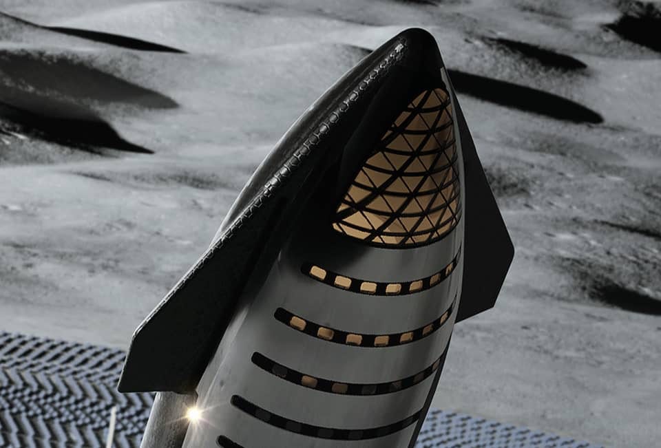 Starship w wersji załogowej – wizja artystyczna na potrzeby marketingu misji #DearMoon, zapowiadanej najwcześniej na rok 2023. [SpaceX]